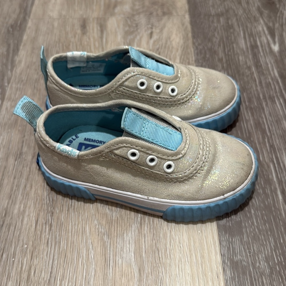 Keds - Girls Toddler Slip-On Shoes with Blue / Iridescent Silver